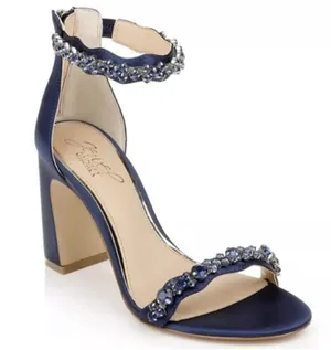 Jewel BADGLEY MISCHKA Embellished Navy Ankle-Strap Block Heel Sandal 7.5 thumbnail 1