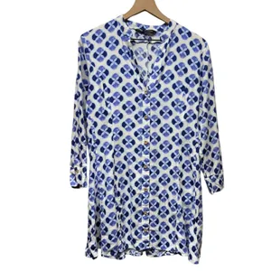 Zara Floral Linen Blend Shirt Dress Sz M Blue Geometric Artsy‎ Button Front Boho thumbnail 2