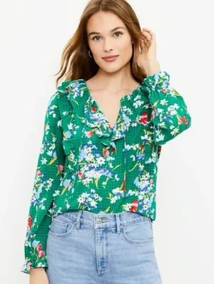 NEW Loft Ann Taylor Floral Bouquet Ruffle Tie-Neck Jacquard Long Sleeve Blouse thumbnail 1