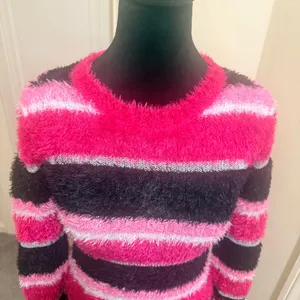 Falls Creek Pink, Black & Metallic Striped Fuzzy Sweater - Junior Size L - NWOT thumbnail 4