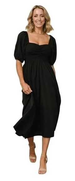 Baltic Born 1X Stefania Midi‎ Dress Black Smocked Puff Sleeve Wedding Guest NEW thumbnail 1