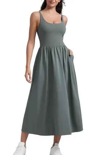 CRZ YOGA Square Neck Maxi Dress for Women - Flowy Sleeveless Padded Travel Casual Outfits with Side Pockets thumbnail 1