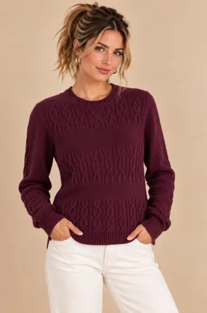 LOFT Burgundy Plum Crewneck Pullover Cable Knit Chunky Sweater Split Hem Medium thumbnail 1