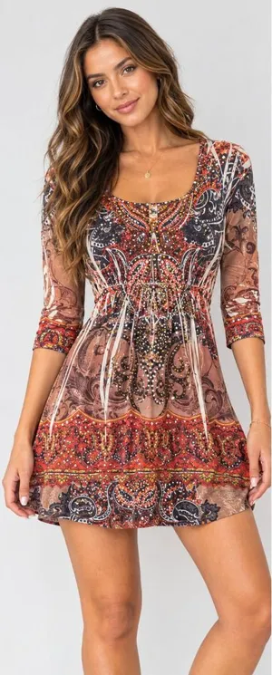 Paisley Rhinestone Embellished Boho Mini Dress Long Sleeve S thumbnail 1