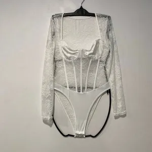 White Floral Lace Corset Bodysuit Long Sleeve Bustier Bridal Coquette thumbnail 2