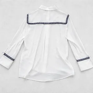 Zara White Button Down Blouse Blue Braided Tweed Trim‎ Gold Button Small thumbnail 2