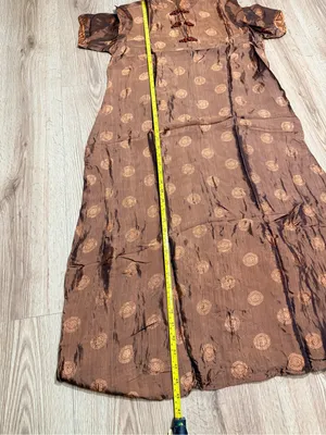 Vintage Cheongsam Qipao Maxi Dress Brown Gold Shou Medallion Frog Button M thumbnail 5