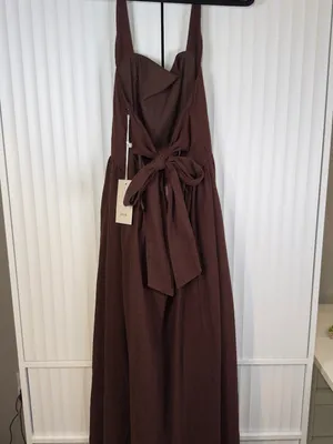 NWT Joie Brown Linen Blend Halter Bow Tie Back Midi Dress Small thumbnail 5