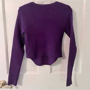 Women’s Purple Floral Rhinestone Ribbed Long Sleeve Crop Top thumbnail 3