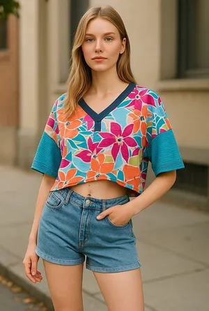 NWOT Free People Floral Striped Collared On A Boat Boxy Crop Polo Shirt thumbnail 1
