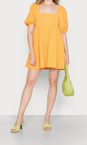 Free People Mini Dress Retail$108 Bow Textured Babydoll Yellow Size L NWT thumbnail 1