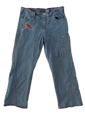 Women's Blue Flare Jeans with Red Dragonfly Patch Size undefined thumbnail 1