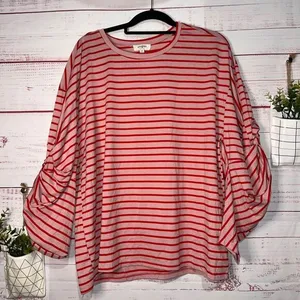 Umgee Boutique Pink & Red Stripe Knot Sleeve Top | Medium thumbnail 1