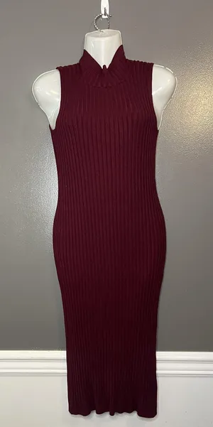 Knit & Love Dress Womens Medium Ribbed Sleeveless Mock Neck Midi Bodycon thumbnail 1
