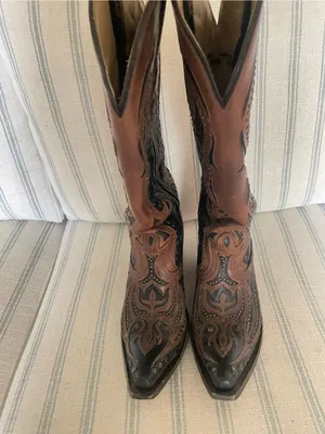 Corral Women's G1072 Black Cognac Studded Leather Tall Western Boots 7.5 M thumbnail 3