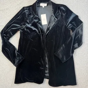 PINK ROSE Women's Large Black Velvet Open Front Blazer Jacket Cardigan New thumbnail 1