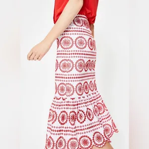 Boden Broderie Embroidered‎ Scalloped Lined Hem Midi Skirt Red White Size 2P thumbnail 5