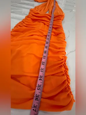 Zara Bright Orange Backless Halter Ruched Mini Dress thumbnail 7