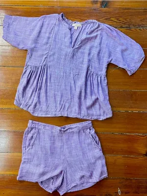 Kyra Purple & White Stripe 100% Viscose Lounge Short Set Pockets Sz M💛🎀 thumbnail 2