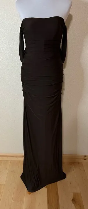 La Femme 21730 brown ruched off the shoulder jersey formal dress NEW 2 thumbnail 1