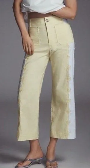 Anthropologie Maeve The Colette Cropped Wide Leg Pant Yellow Linen Size 34 NEW thumbnail 1