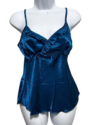 Satin Romantic Babydoll Cami L‎ Teal Ruffle Trim Y2K Coquette Lingerie Style Top thumbnail 1