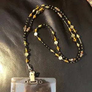 Brown Gold Amber AB beaded ID Badge Holder/Lanyard 40" thumbnail 1