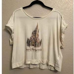 Disney Parks World 50th Anniversary Fantasyland Castle Cream Color Cropped Tee L thumbnail 1