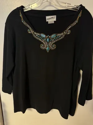 Bob‎ And Betty's Craft Women's Rhinestone And Turquoise Embellished Black Knit thumbnail 1