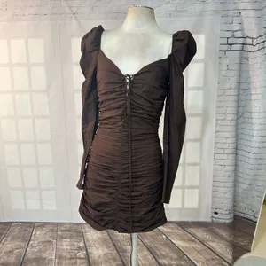 🔥5/$25 sale🔥 Zara Brown Long Sleeve Puff Sleeve ruched Body con Dress Size S thumbnail 5