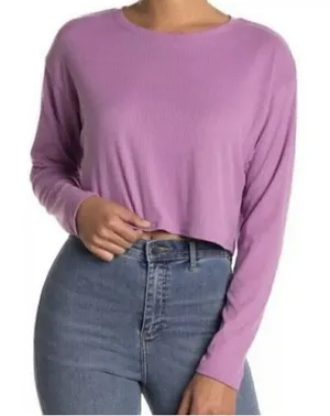 NEW Abound 𝅺RIBBED Cropped boxy tee top Long Sleeve Purple MEDIUM thumbnail 1