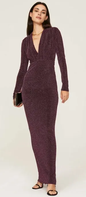 Line & Dot Sparkle Deep-V Maxi Dress in Plum thumbnail 1