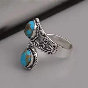 Vintage Wrap Ring Silver Plated Delicate Carving On The Surface Inlaid Turquoise thumbnail 2
