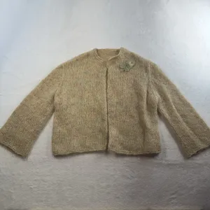 Vtg 70s Sz S Cardigan Sweater Open Knit CottageCore Granny Boho Handmade‎ Beige thumbnail 3