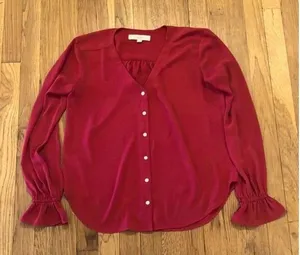 Loft Ann Taylor Rust Red high low blouse with flare cuff sleeves size XS thumbnail 1