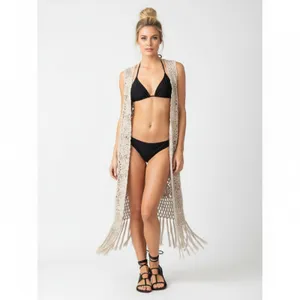Rebellion Tan Sheer Crochet Fringe Open Front Cardigan Sweater NEW L thumbnail 6