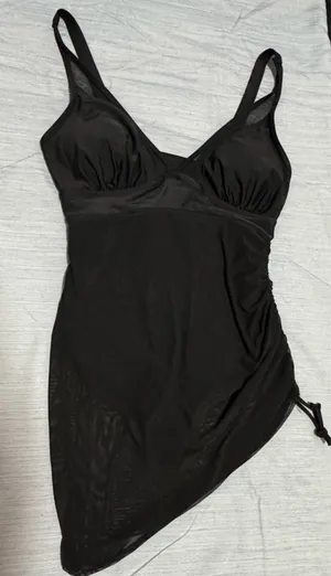 Amazon Women's V Neck One Piece Swimsuit Mesh Sheer Swim Dress Curvy Tummy Control Side Drawstring Bathing Suits thumbnail 2