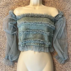 Mable Dreamy Wispy Sea Foam Green Ruffle Tulle Off Shoulder Shirt Top *Size L* thumbnail 1