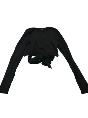 MW Luv (Made With Luv) Black Long Sleeve Wrap Crop Tie Waist V Medium Women's thumbnail 12
