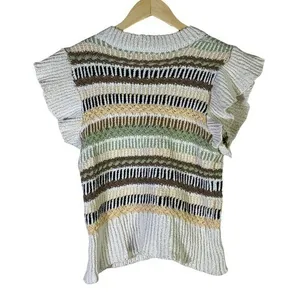 Elan Striped Knit Flutter Sleeve Sweater Top Womens S Neutral Boho Cottagecore thumbnail 5