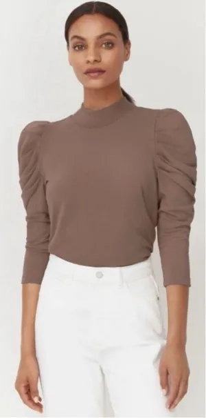 Cuyana French Terry Puff Sleeve Sweatshirt Top‎ Mushroom Tan Pima Cotton thumbnail 1