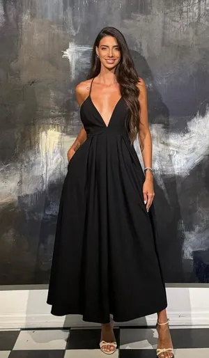 Zara Elegant Black Evening maxi flowy Dress gown party cocktail formal thumbnail 1