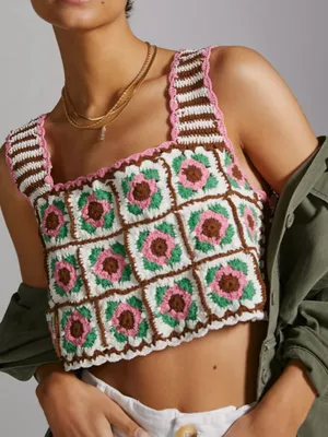 Anthropologie Maeve Boho Retro Reversible Granny Square Festival Floral crotchet crop top OS thumbnail 1