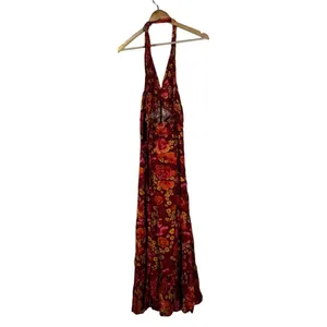 NWT Zesica Halter Floral Maxi Dress Red Boho Tiered Smocked Backless Size S thumbnail 6