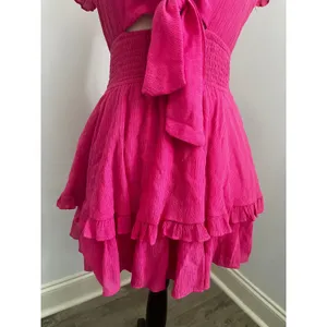 Hello Molly Pink Tiered Ruffle Mini Dress Small Tie Front Smocked Boho Romantic thumbnail 4