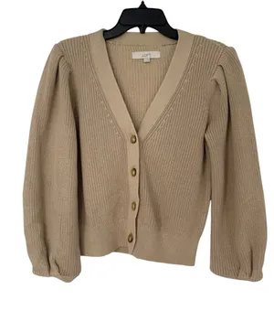 LOFT XS Tan Puff Sleeve Cardigan 100% Cotton V Neck Balloon Sleeve Sweater thumbnail 1