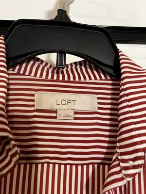 LOFT Striped Button-Up Blouse in Burgundy and White thumbnail 3