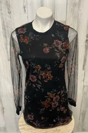 Floral Mesh Sleeve Top Medium Black Sheer Long Sleeve Blouse Lightweight thumbnail 1