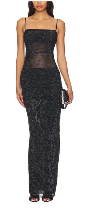 AFRM Jennan Rhinestone Illusion Maxi Dress Mesh Mid Section Black Size M thumbnail 1