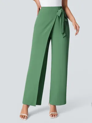 Halara High Waist Tie Side Wide Leg Work Pants Wrap-Front Pants Olive Green Sz M thumbnail 3